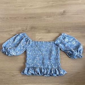 Wayf Blue Floral Smocked Blouse